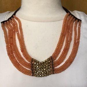 Leather, gold and orange beads necklace